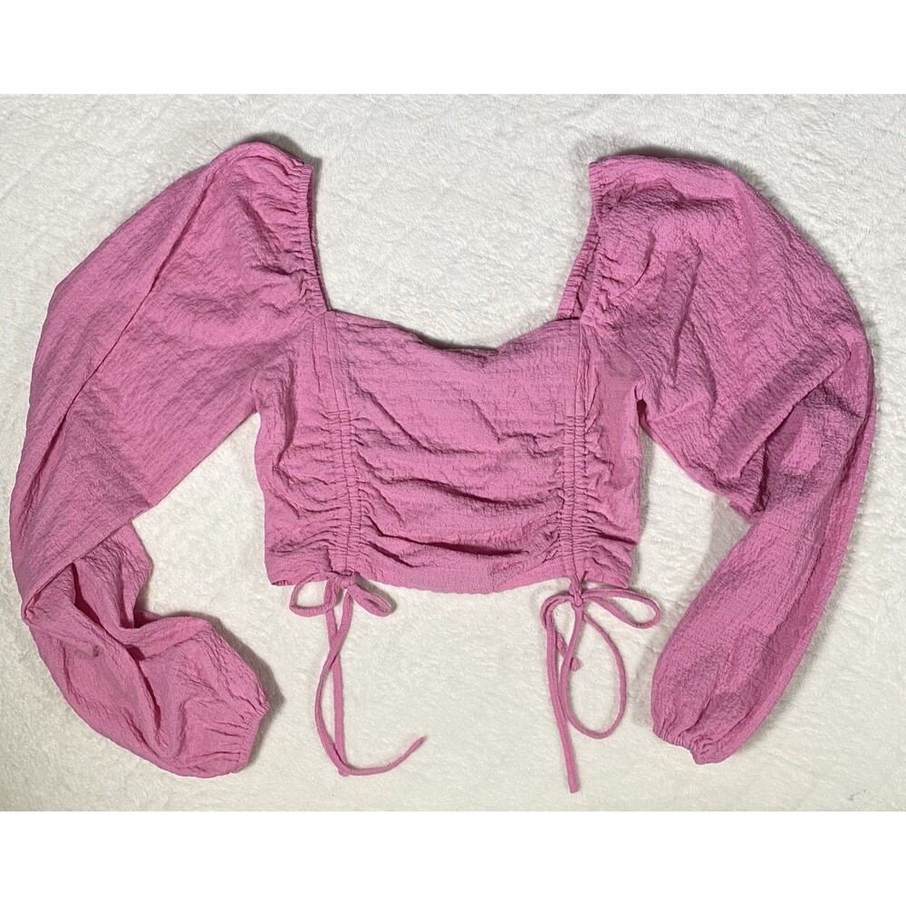 Women's S Pink Ruched Long Sleeve Crop Top Smocked Cottagecore Coquette Festival
